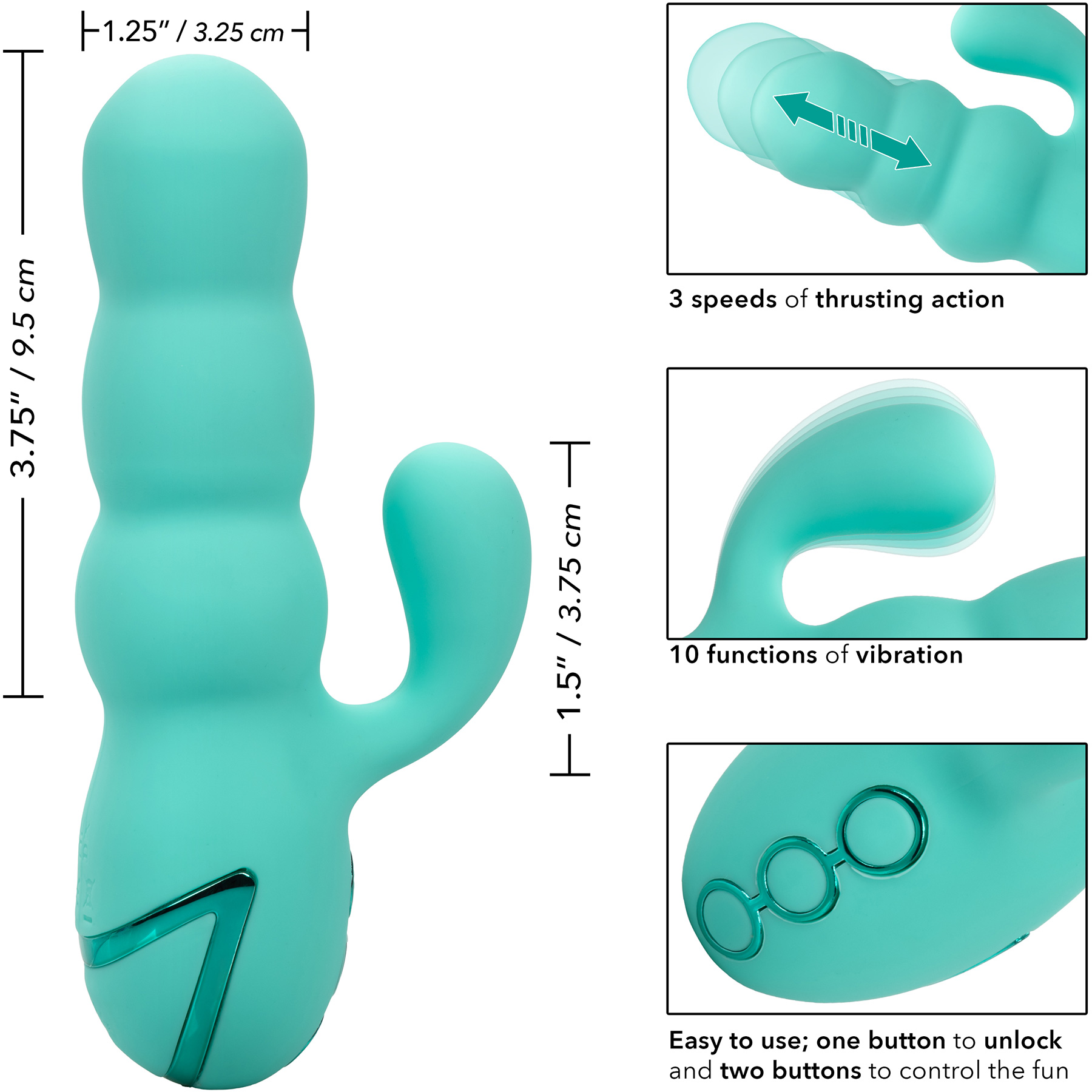 California Dreaming Del Mar Diva Rabbit Style Silicone Rechargeable Vibrator by CalExotics - Measurements