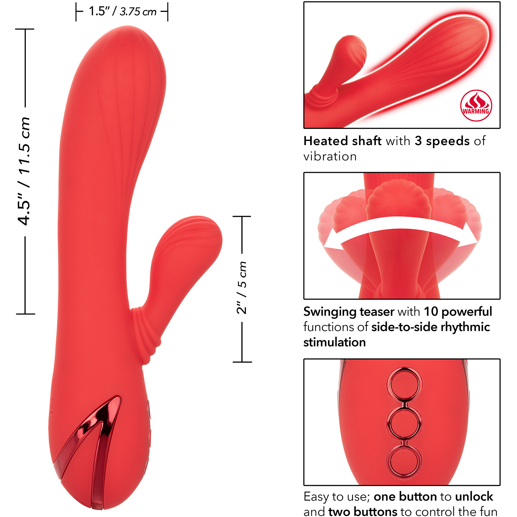 California Dreaming Palisades Passion Rabbit Style Silicone Heated Swinging Vibrator By CalExotics - Measurements