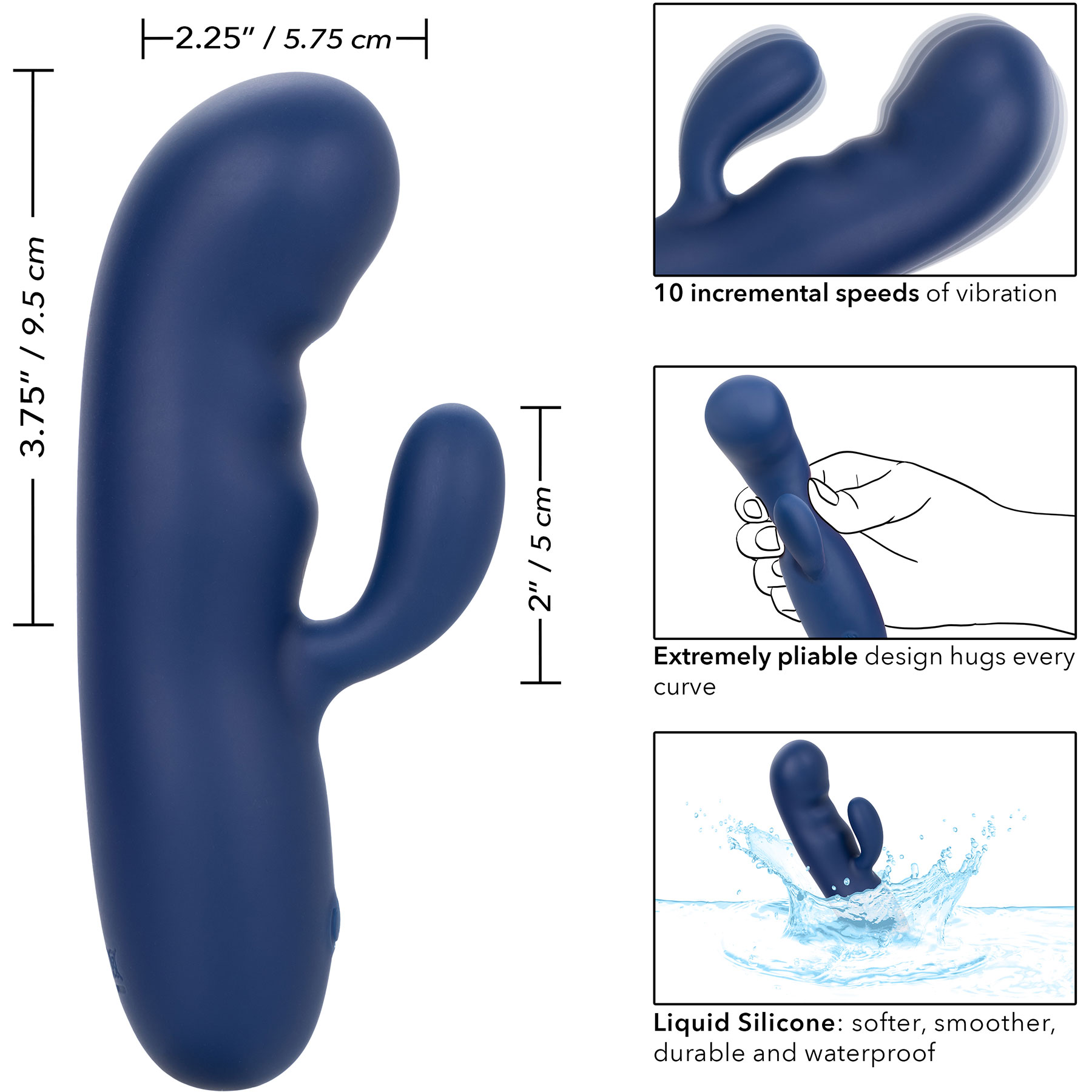 Cashmere Silk Duo Rechargeable Waterproof Silicone Rabbit Vibrator - Measurements