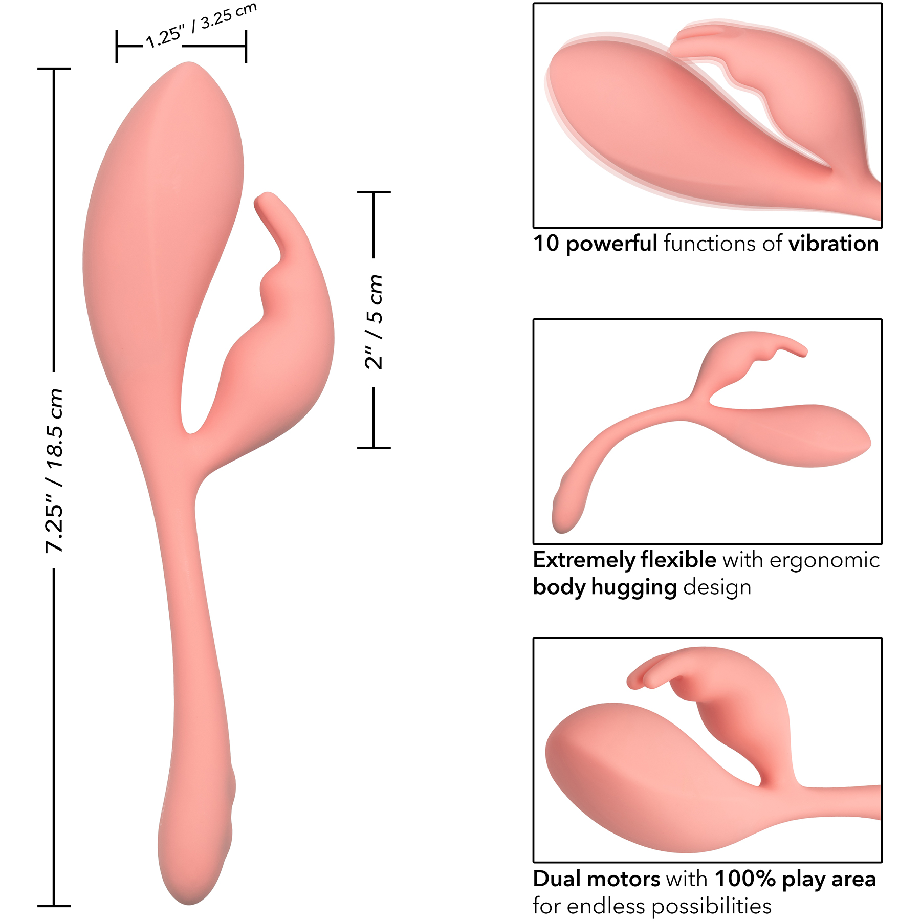 Elle Liquid Silicone Bunny Rechargeable Waterproof Dual Stimulation Vibrator By CalExotics - Measurements