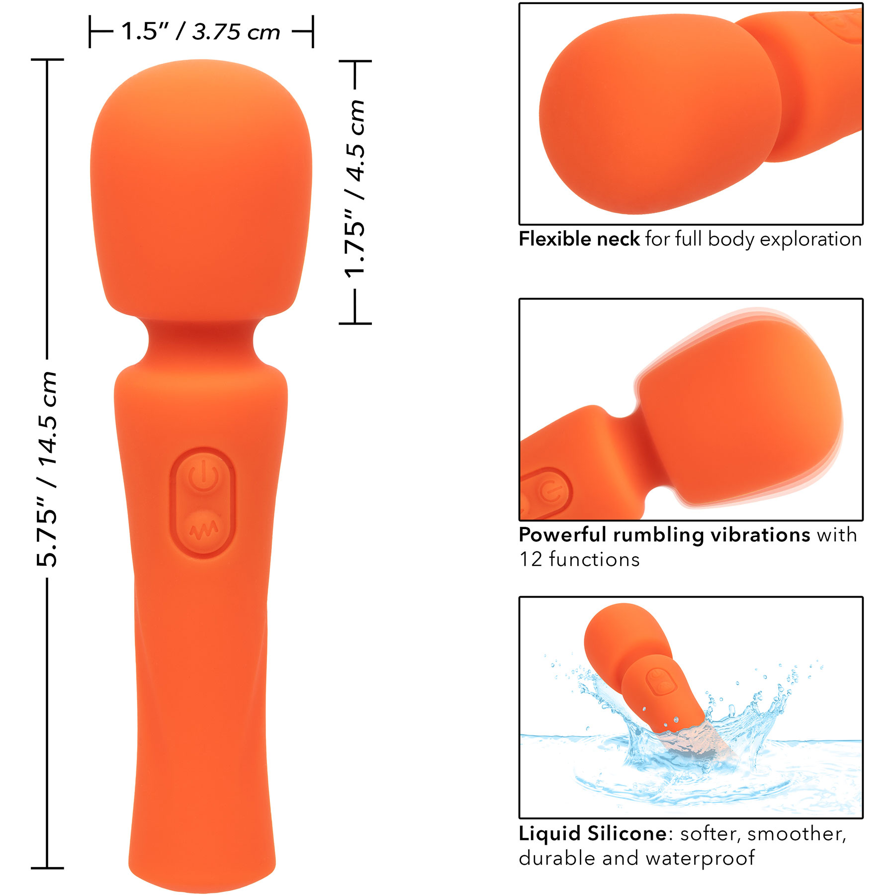 Stella Liquid Silicone Mini Massager Rechargeable Waterproof Wand Style Vibrator - Measurements