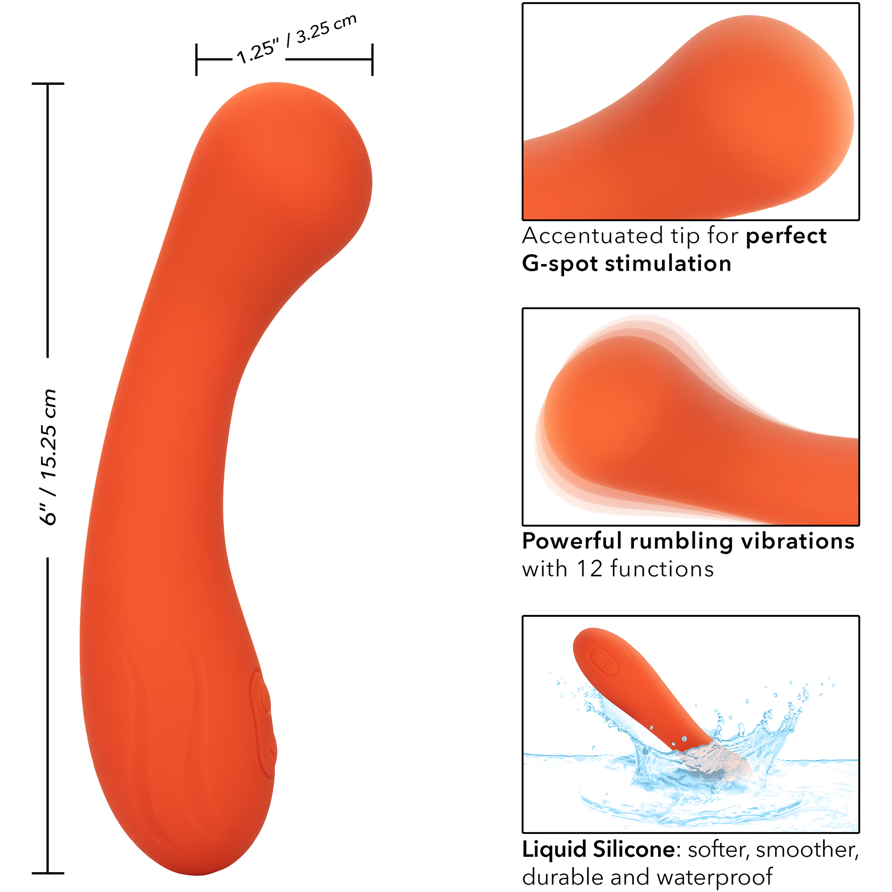 Stella Liquid Silicone G-Wand Waterproof Rechargeable G-Spot Vibrator By CalExotics - Measurements