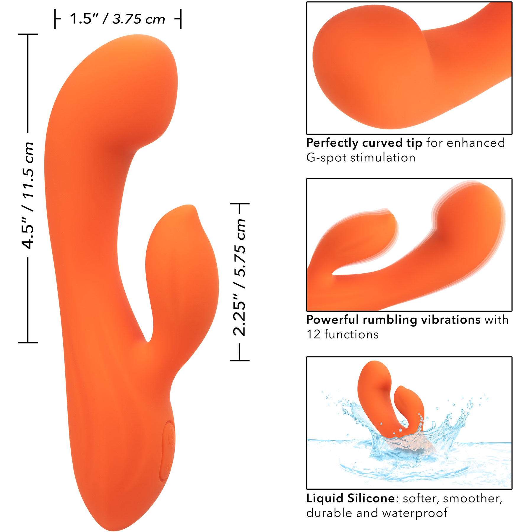 Stella Liquid Silicone Dual "G" Rechargeable Waterproof Dual Stimulation Vibrator - Measurements