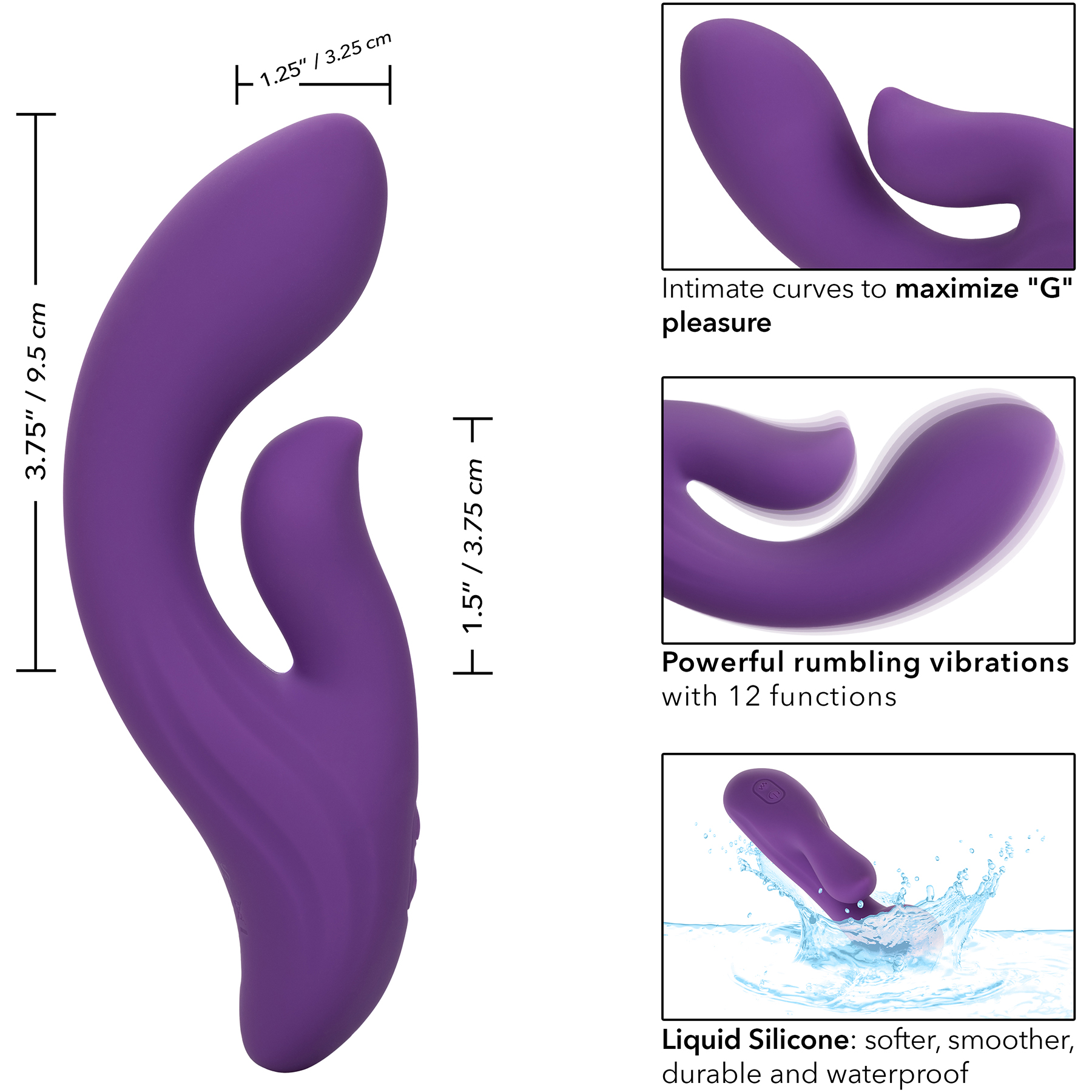 Stella Liquid Silicone Dual Pleaser Rechargeable Waterproof Rabbit Style Vibrator By CalExotics - Measurements