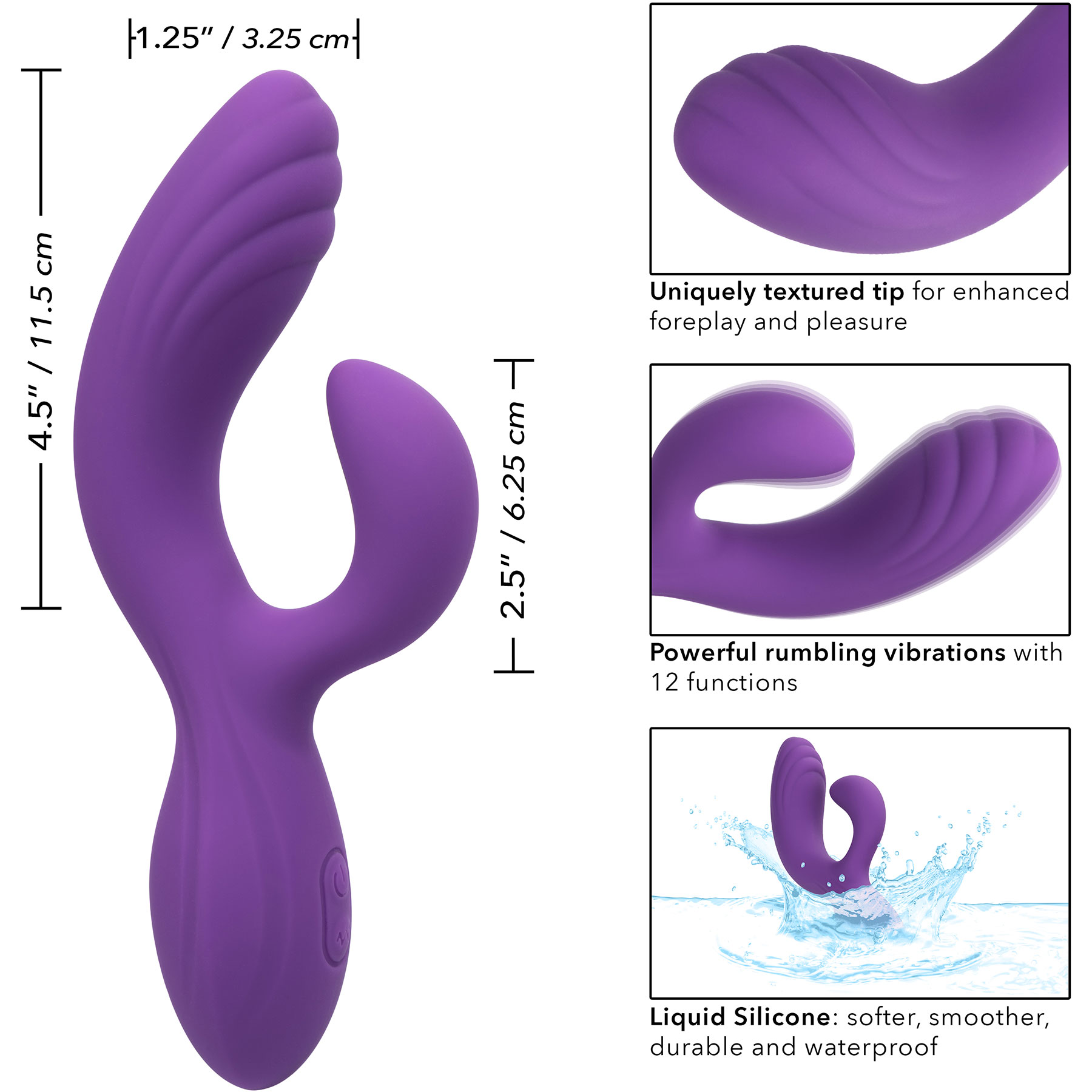 Stella Liquid Silicone "C" Curve Rechargeable Waterproof Dual Stimulation G-Spot Vibrator - Measurements