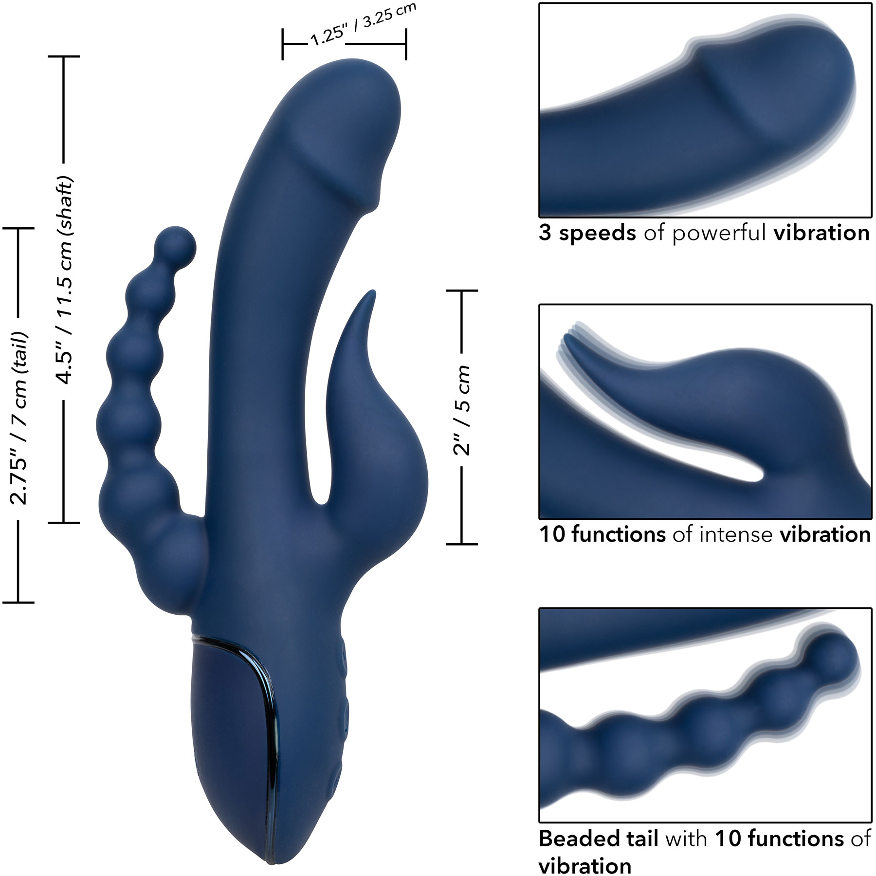 III Triple Orgasm Silicone Rechargeable Dual Stimulation Vibrator - Measurements