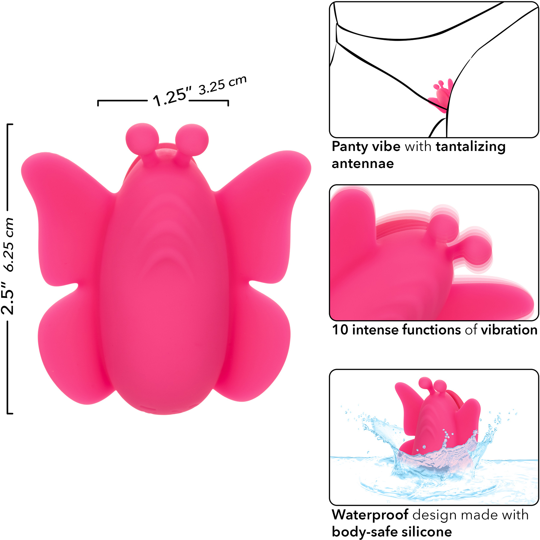 Neon Vibes The Flutter Vibe Rechargeable Waterproof Silicone Magnetic Panty Vibrator - Measurements