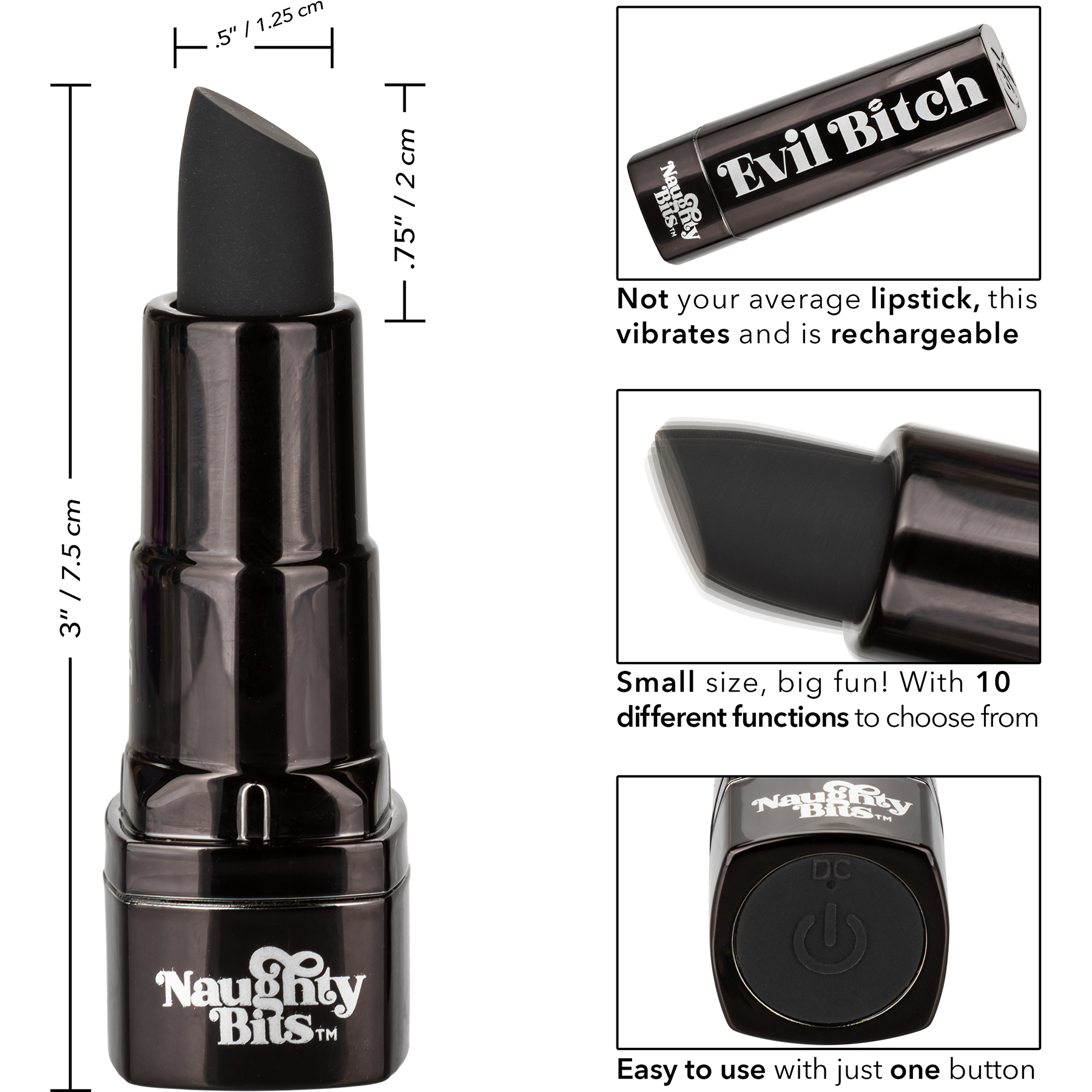 Naughty Bits Evil Bitch Waterproof Rechargeable Lipstick Vibrator By CalExotics - Measurements