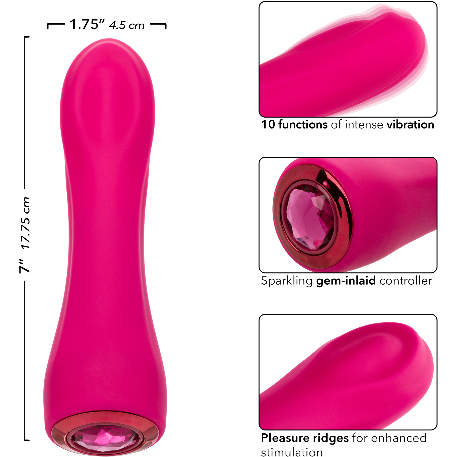 Gem Vibe Collection 7" Bliss Rechargeable Waterproof Silicone G-Spot Vibrator - Measurements