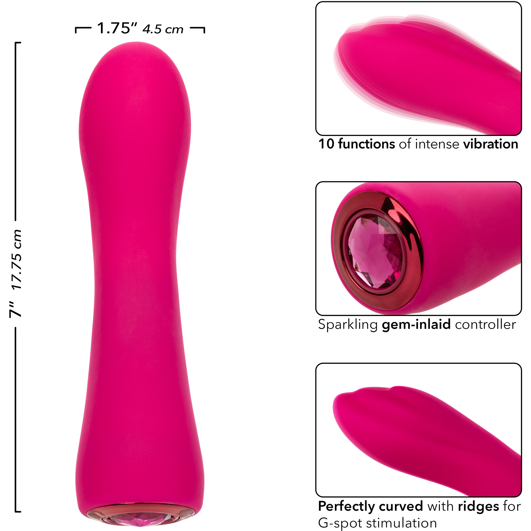 Gem Vibe Collection 7" Curve Rechargeable Waterproof Silicone G-Spot Vibrator - Measurements