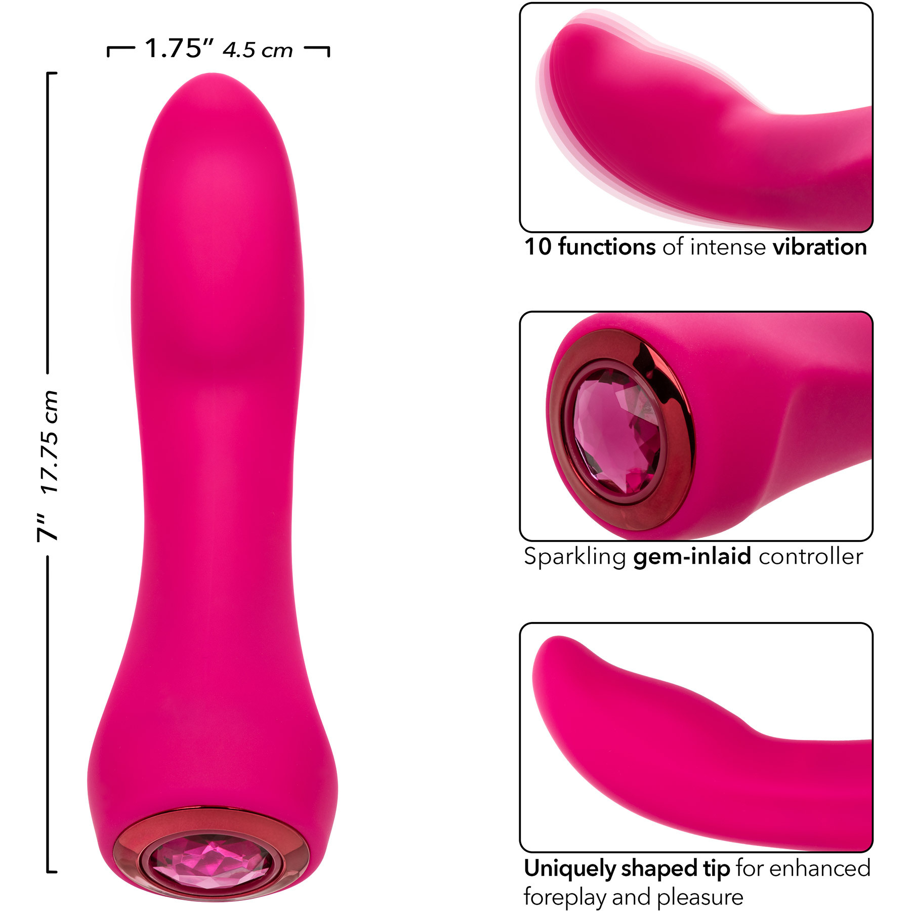 Gem Vibe Collection 7" Glider Rechargeable Waterproof Silicone G-Spot Vibrator - Measurements