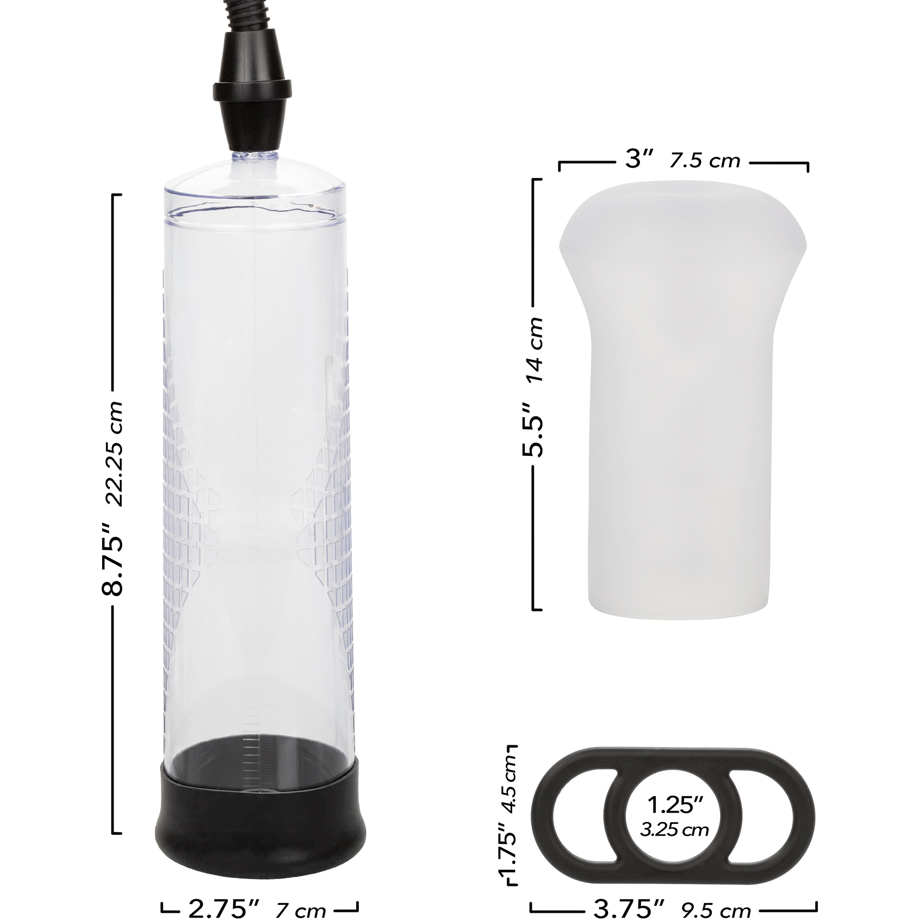 Peak Edging Kit With Penis Pump, Stroker & Silicone Cock Ring - Measurements