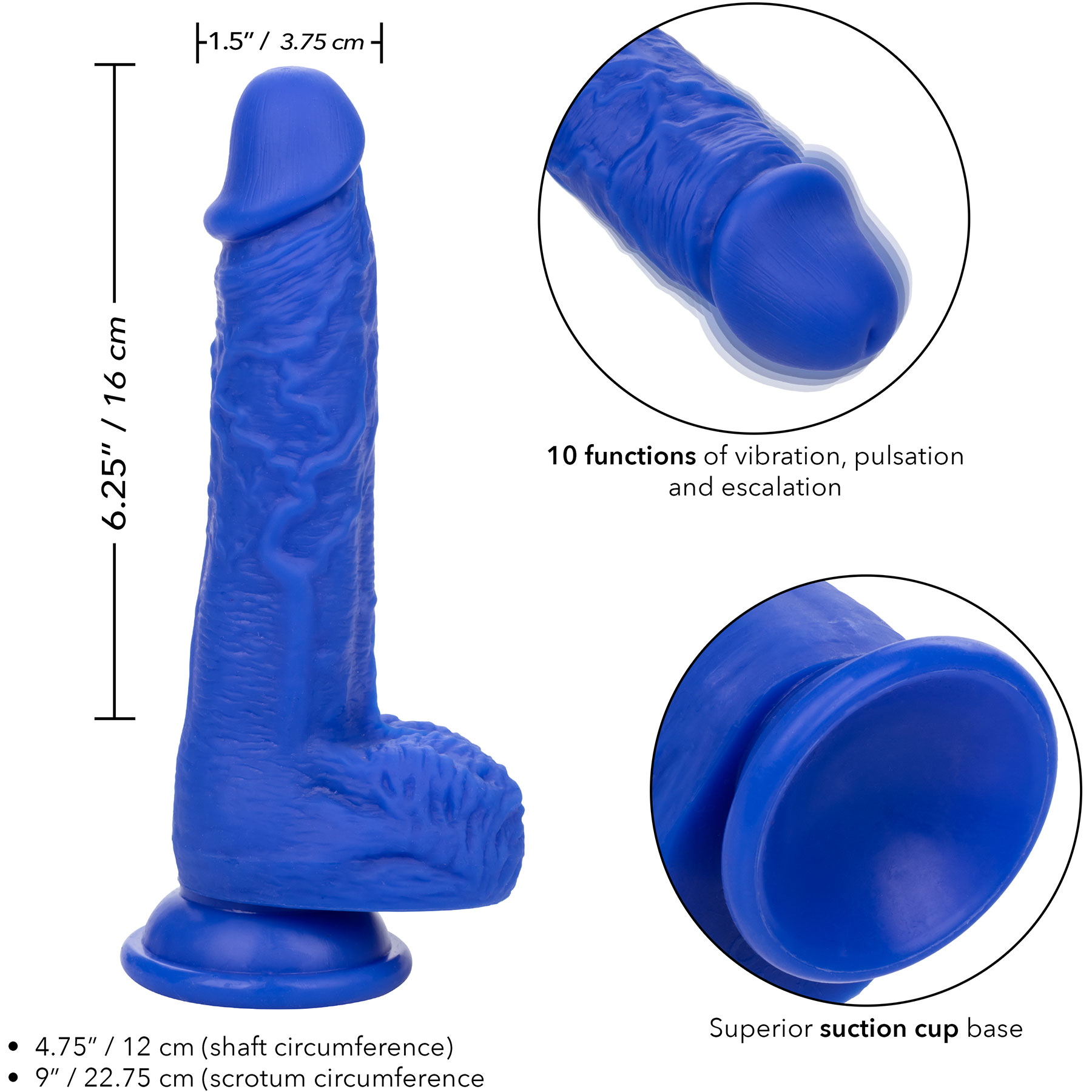 Admiral Sailor 7" Rechargeable Waterproof Silicone Vibrating Suction Cup Dildo - Measurements