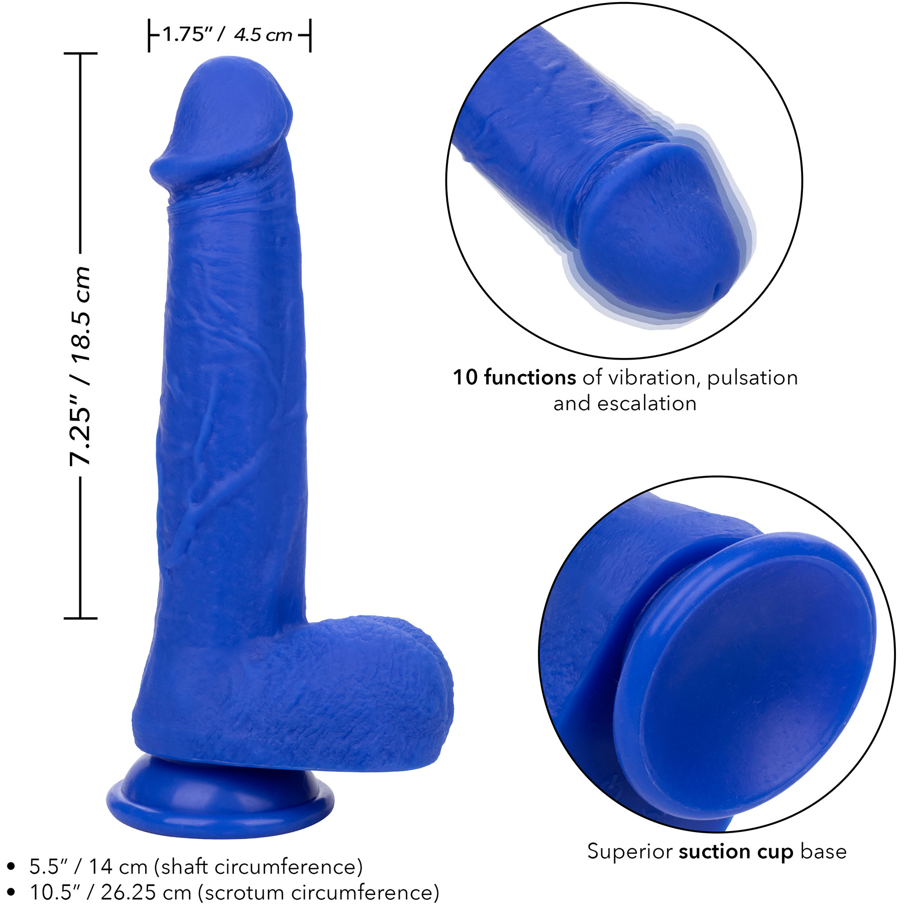 Admiral Captain 8" Rechargeable Waterproof Vibrating Silicone Suction Cup Dildo - Measurements
