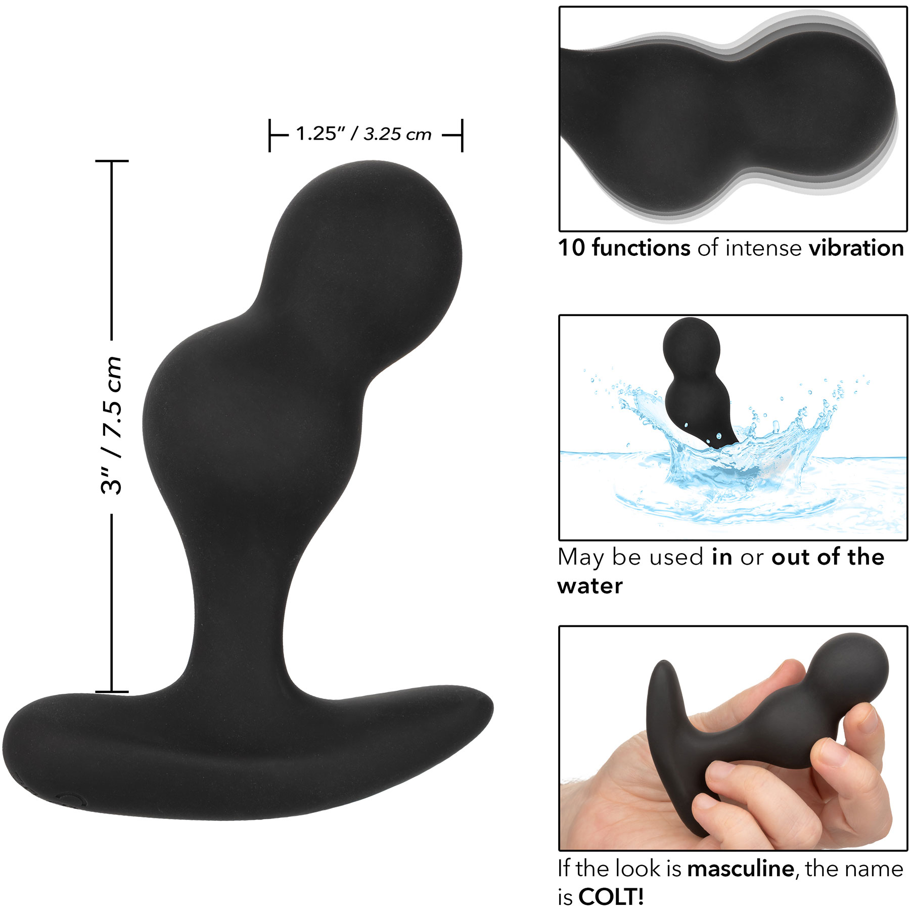 COLT Dual Power Probe Rechargeable Waterproof Silicone Anal Vibrator - Measurements