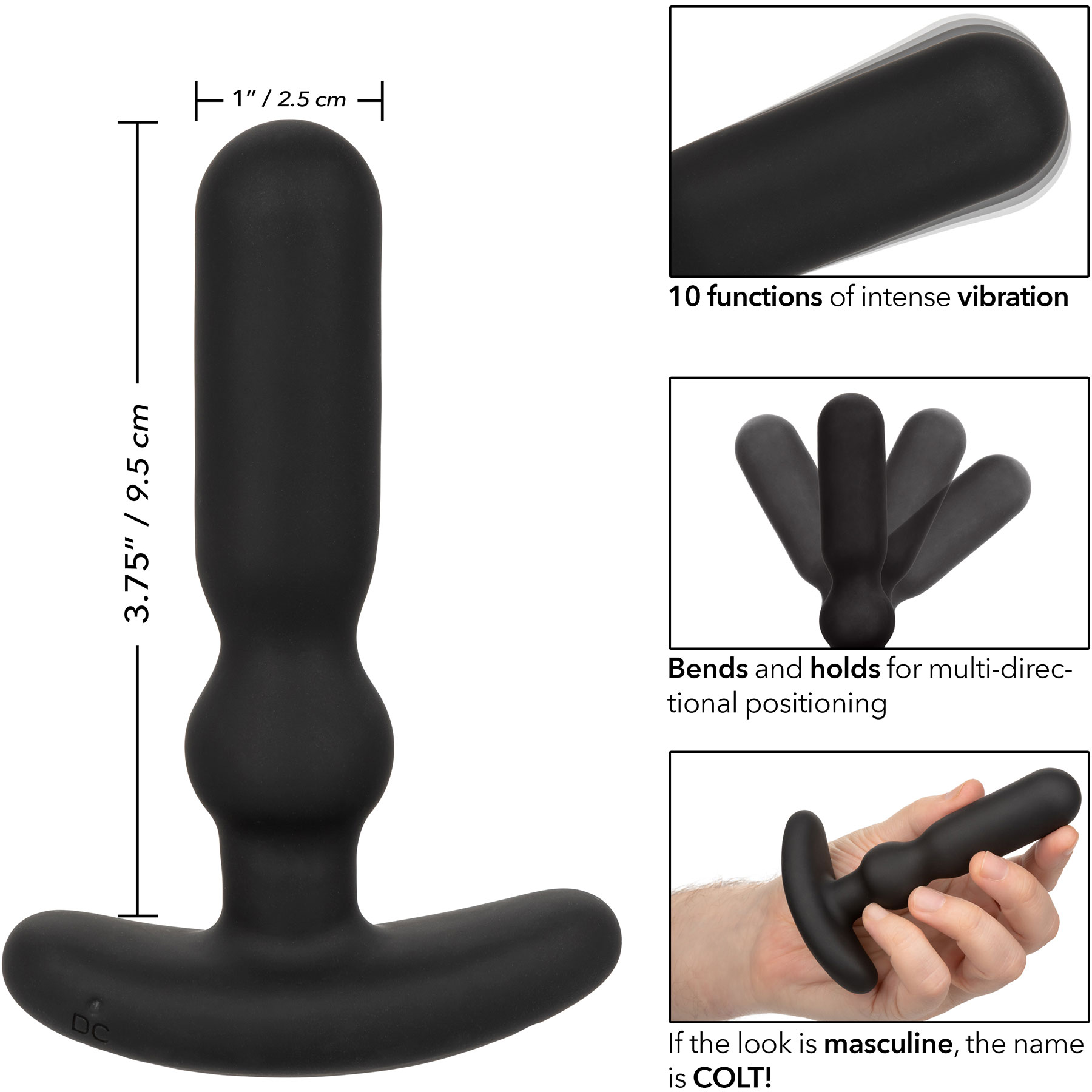 COLT Anal-T Rechargeable Waterproof Silicone Anal Vibrator - Measurements