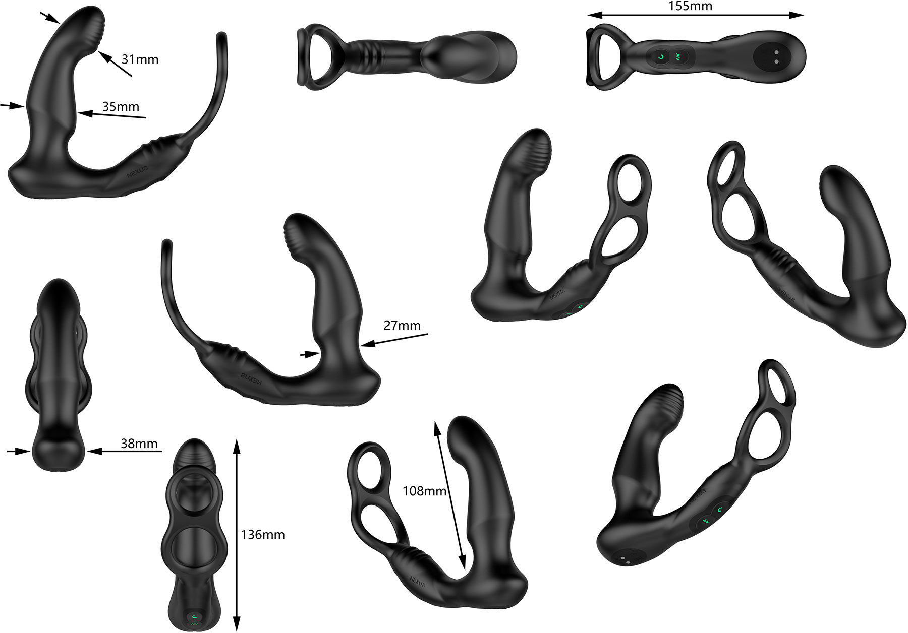 Nexus Simul8 Wave Edition Vibrating Silicone Dual Anal & Perineum Stimulator With Cock & Ball Rings - Measurements