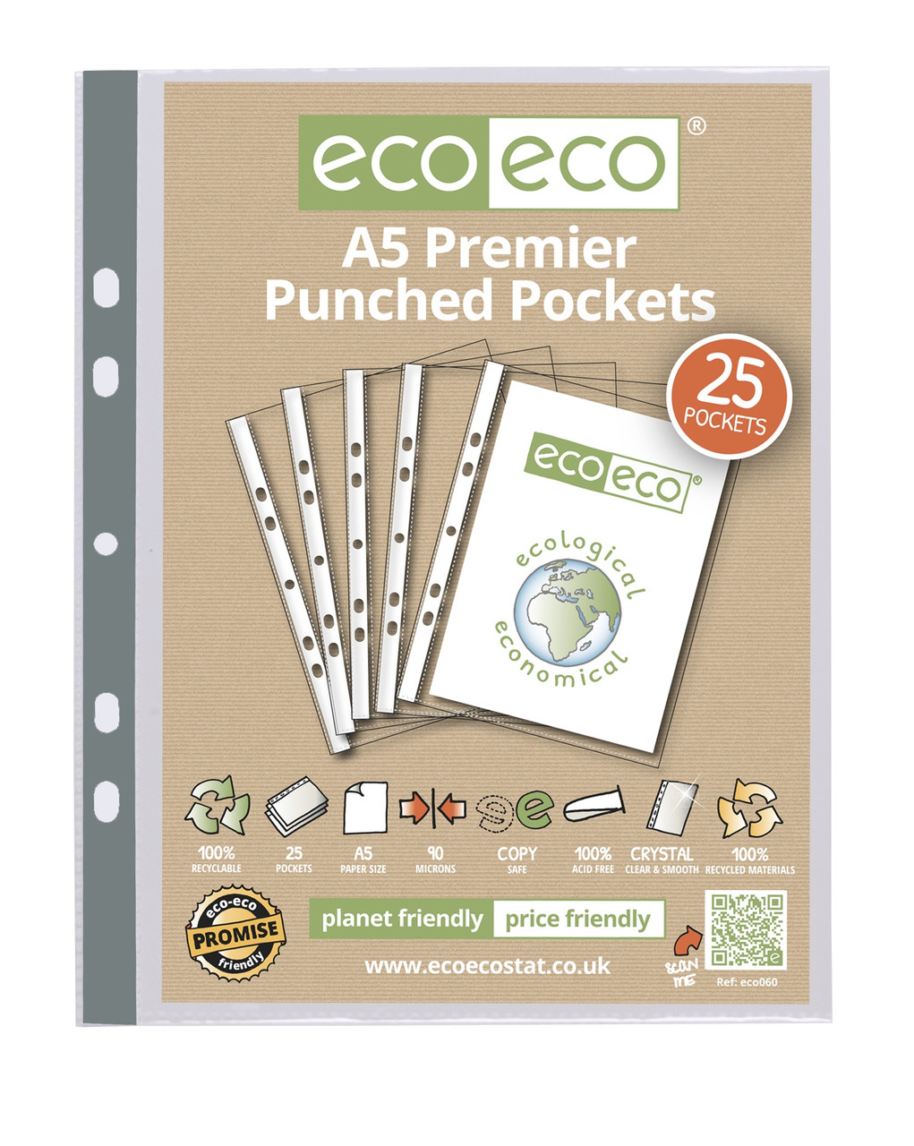 ECO-ECO A5 RECYCLED 90MICRON PUNCHED POCKET (PACK OF 25) - Biz+ 