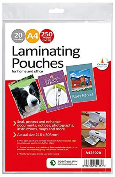 Cathedral Laminating Pouches, 250 Micron A4, (Pack 20)