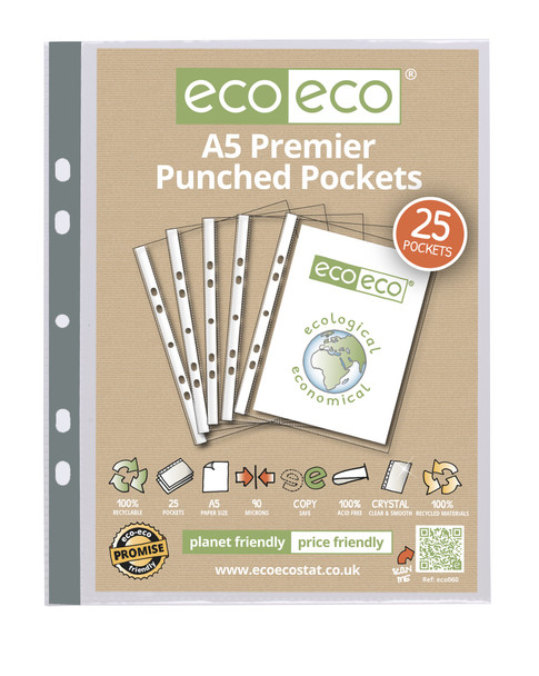 ECO-ECO A5 RECYCLED 90MICRON PUNCHED POCKET (PACK OF 25)