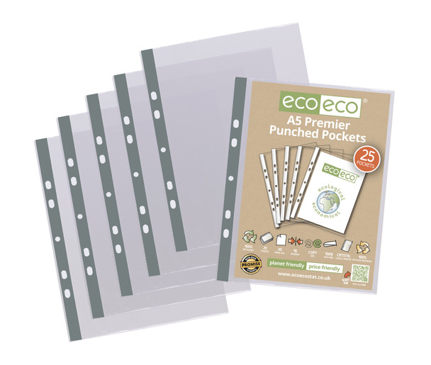 ECO-ECO A5 RECYCLED 90MICRON PUNCHED POCKET (PACK OF 25)