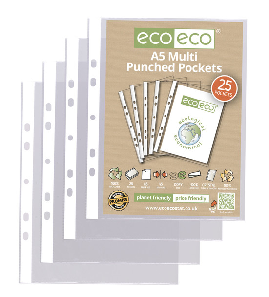 ECO-ECO A5 RECYCLED 45MICRON PUNCHED POCKETS (PACK OF 25)