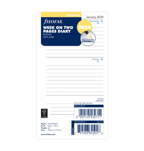 Week On Two Pages Lined Diary - Personal 2024 English