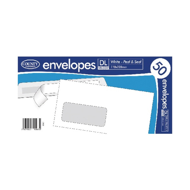 County Owl Brand DL White Window Peel and Seal Envelopes (Pack of 50)