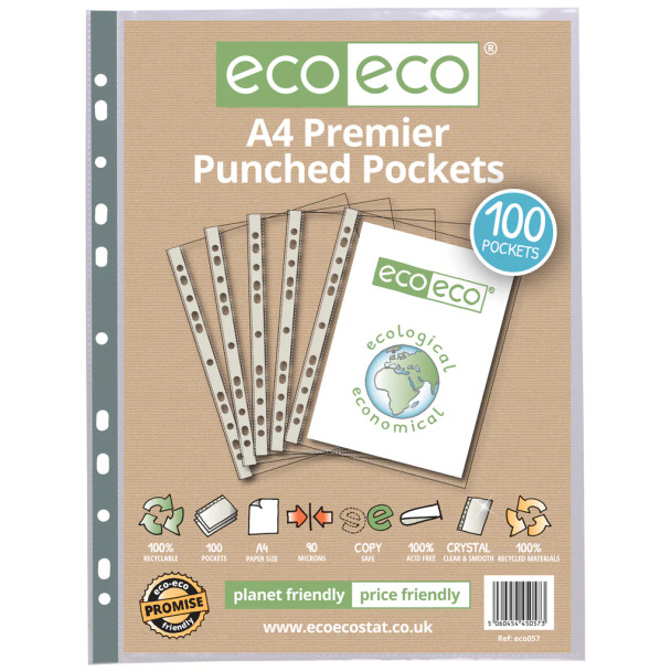 ECO ECO RECYCLED A4 PUNCHED POCKETS 90MICRONS (PACK OF 100)