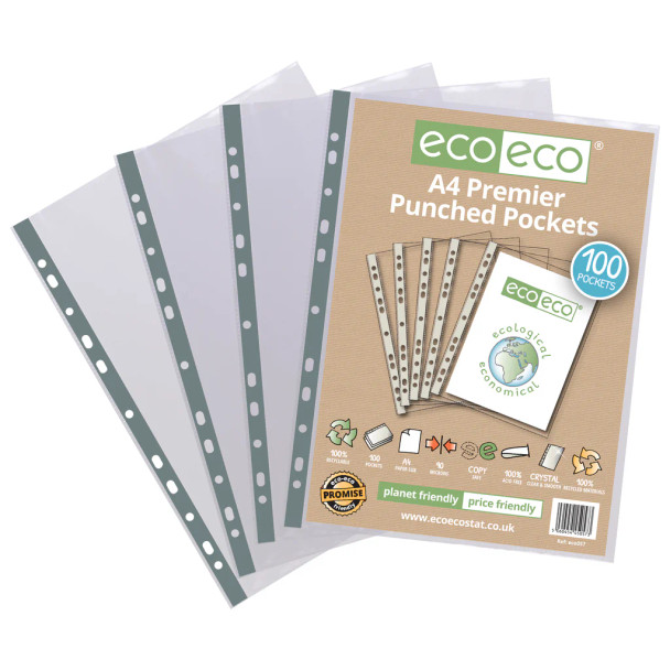 ECO ECO RECYCLED A4 PUNCHED POCKETS 90MICRONS (PACK OF 100)