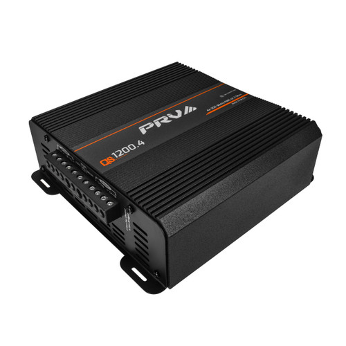 High performance PRV QS1200.4 2 Ohm amplifier, featuring a sleek black design with cooling fins for optimal heat dissipation. The amplifier showcases the brand logo prominently and displays key specifications including 'QS 1200.4' and '4x 350 WRMS @ 2 ohms'. The side panel includes multiple connection terminals for easy installation. Ideal for enhancing car audio systems with powerful, clear sound.
