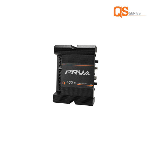 PRV Audio QS400.4 2-ohm mini compact 4-channel car audio amplifier, featuring a sleek black design with an orange accent stripe. This small yet powerful amplifier delivers 4 x 100 watts RMS at 2 ohms, with visible connection terminals and a compact chassis, ideal for high-performance car audio systems.