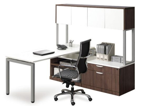 Elements Benching L-Desk Set with Storage Bench and Hutch