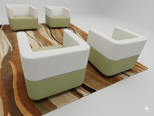 Very Nice Designer Lobby Furniture including 4 Lounge Chairs, Coffee Table and Rug Set Includes: 4 - Davis Lounge Chairs 1 - 48 x 48 x8H Davis Coffee Table 1 - 9ft x 12ft Designer Rug 2 - 48 x 48 Custom Designer Wall Panels