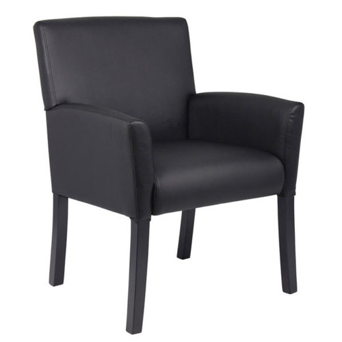 This Executive Box Arm Chair is beautifully upholstered in Black Caressoftplus Vinyl. The softness of the seat is bolstered by the ergonomic built-in lumbar support that it provides. It features spacious box arm styling and sits on Black wood legs that are both sturdy and stylish. The angular chair features an elegant, contemporary design that can provide your office or reception area with an upscale look. This is the chair for outfitting your office desk or a waiting room with comfort and class.

Back Adjustment: No
Arm Type: Fixed
Infinite Lock: No
Knee Tilt: No
Tilt Tension: No
Pneumatic Gas Lift: No
Upright Lock: No
Seat Slider: No
Chair Base: 4 Leg Black Wood
Casters: None
Weight Capacity: 275 lb