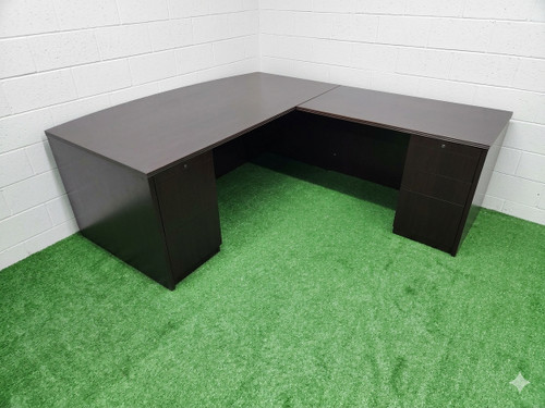 New in the Box Closeout Espresso Veneer Bow Front L Desk Sets. Hutches with Glass Doors and Boat Shape Conference Tables also available.

Each desk set includes:
1 - 36/42D x 72W Bow Front Desk Shell
1 - 24D x 48W Desk Return
1 - 3-Drawer Desk Drawers
1 - 2-Drawer Desk Drawers

Also have some U-Desks - $1150

Additional items available:
72W Hutch with Glass Doors - $325
6ft Conference Table - $350
8ft Conference Table - $450
10ft Conference Table - $575
12ft Conference Table - $675
72W Conference Credenzas - $595

Professional and Insured Delivery and Installation available.