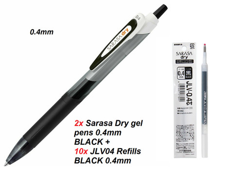 2x ZEBRA Sarasa Dry Gel ink Pen 0.4mm BLACK + 10x ZEBRA JLV 0.4mm BLACK