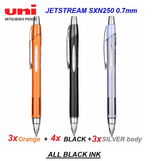 Uniball Jetstream ORANGE BODY Gel Pens 0.7mm SXN250  - 4x BLACK + 3x ORANGE + 3x SILVER (ALL BLACK INK)