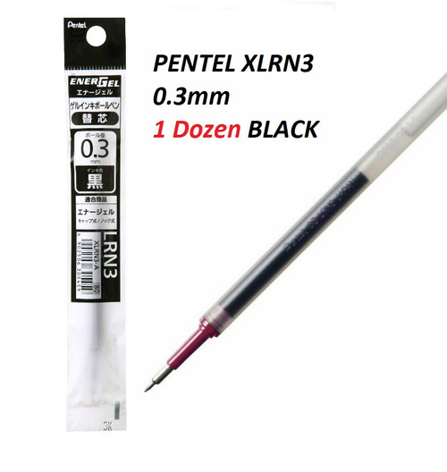 Pentel Energel XLRN3 Needle-Point Gel Ink 0.3mm REFILL - 1 DOZEN BLACK