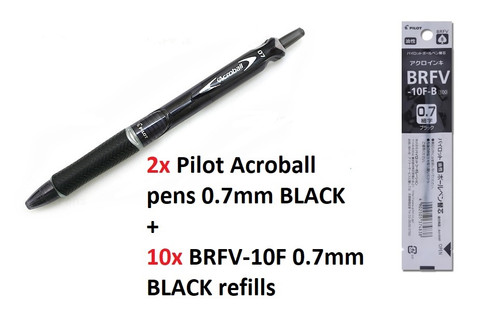2x Pilot Acroball 0.7mm Ballpoint Pens BLACK + 10x BRFV-10F 0.7mm REFILLS BLACK