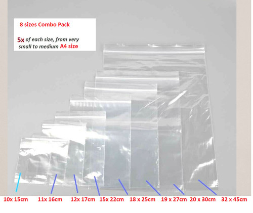 Clear Re-sealable bag 8 SIZES MIX - 5x bags of each size, total 40 bags