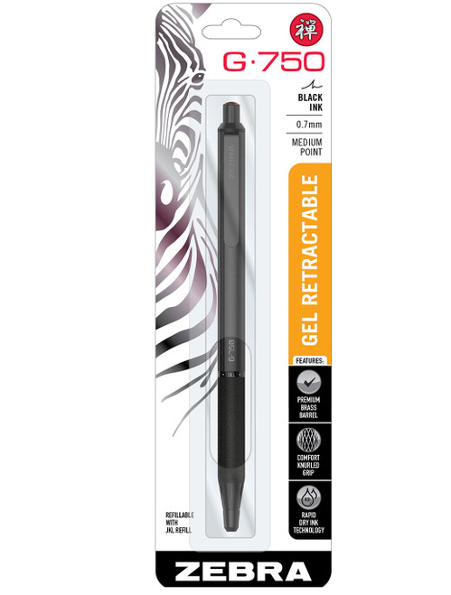 Zebra G750 Retractable Gel Pen, Black Brass Barrel, Medium Point 0.7mm BLACK