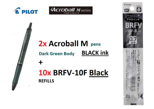 Pilot Acroball M SERIES 0.7mm BAB15F- 2x Khaki Green Body BLACK +10x REFILLS BLACK