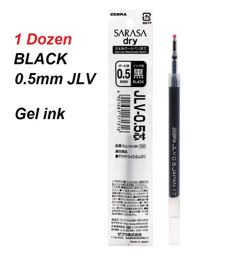 ZEBRA JLV 0.5mm Gel ink Refills - 1 Dozen  BLACK