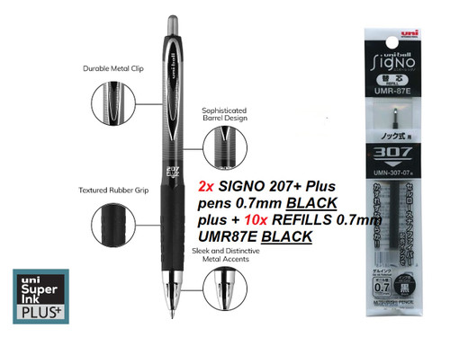2x UNIBALL Signo 207 PLUS+ gel ink 0.7mm pens BLACK + 10x REFILLS UMR87E BLACK