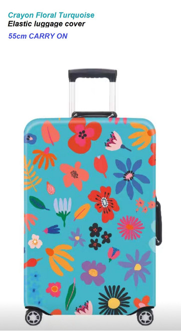 Elastic Polyester luggage cover for 55cm Carry On Crayon Floral Turquoise