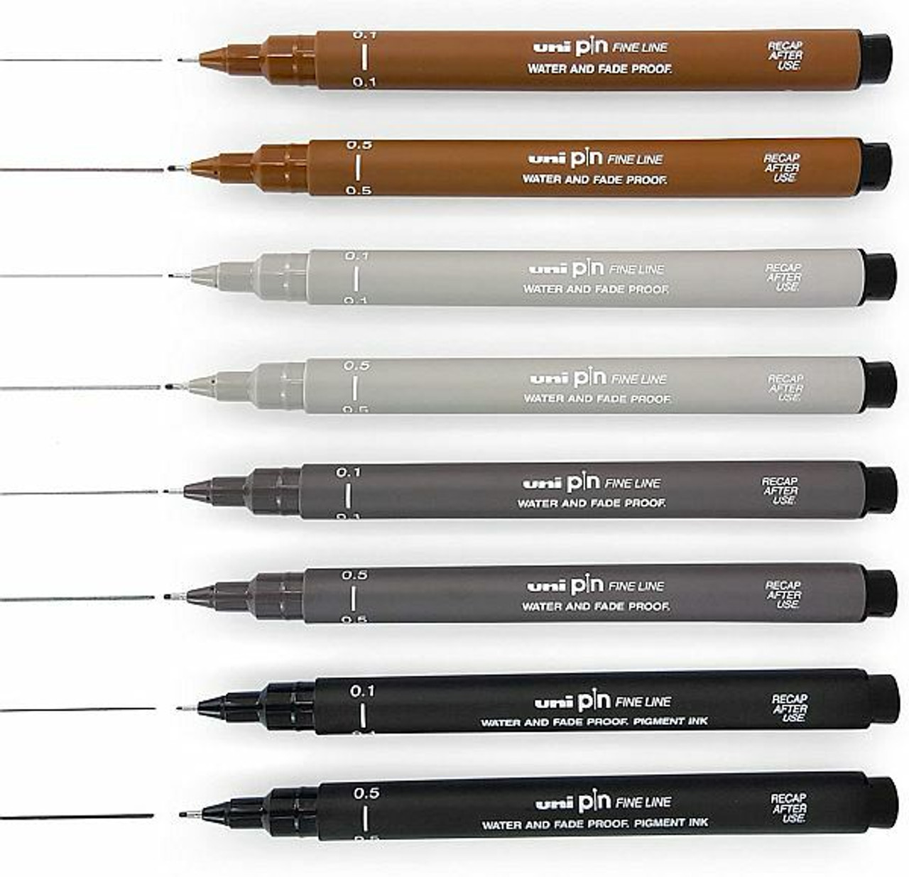 Uni Pin Fineliner Drawing Pen Set of 8, 0.1mm 0.8mm & Brush Nib 3 Colours 