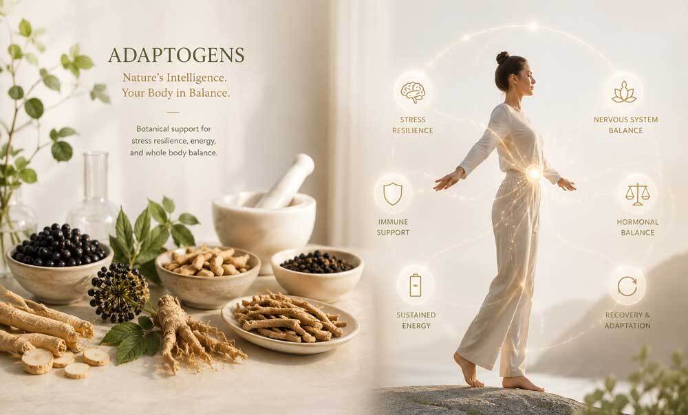Educational infographic showing adaptogenic botanicals and stress resilience support concepts