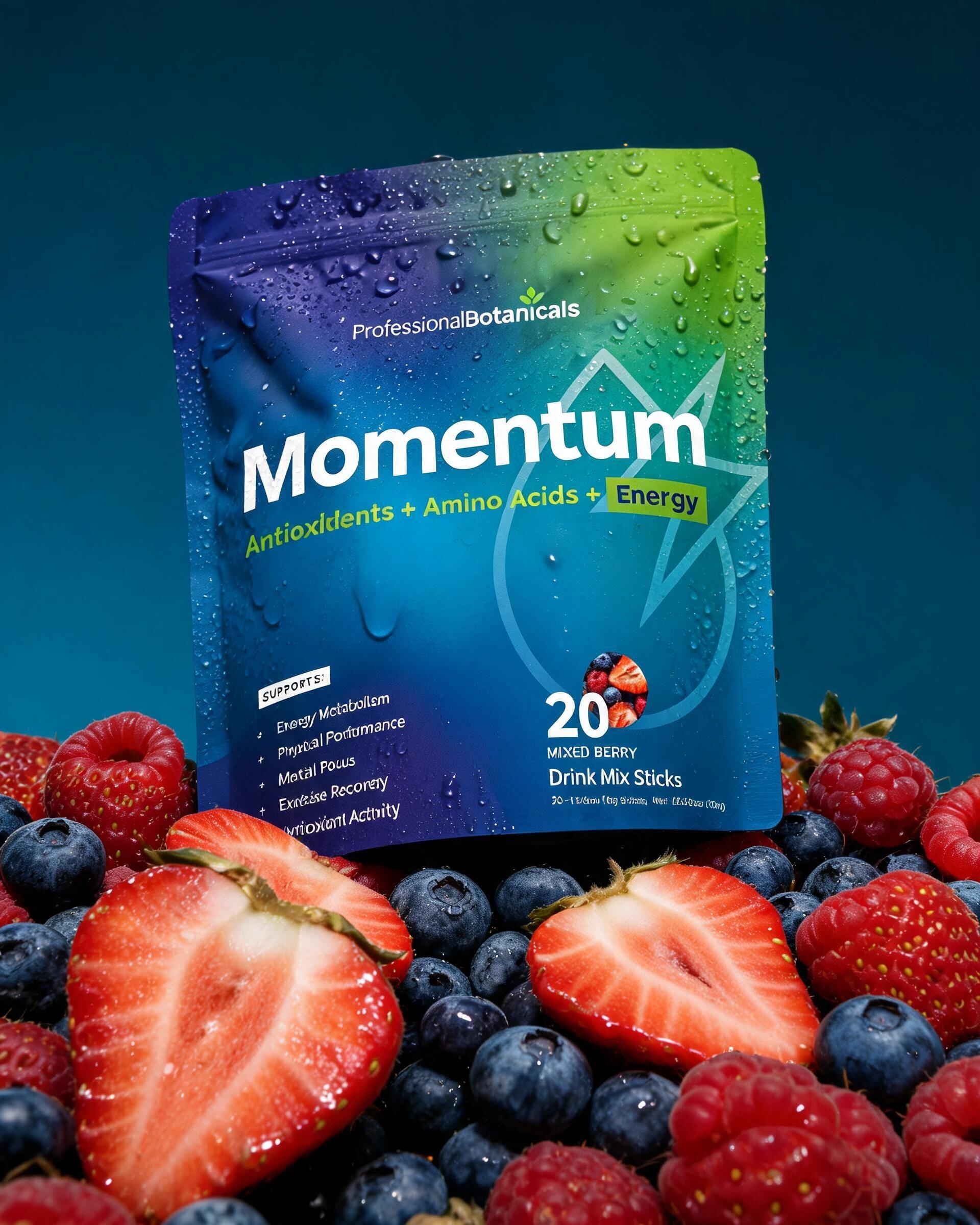 Momentum stick pack bag surrounded by berries