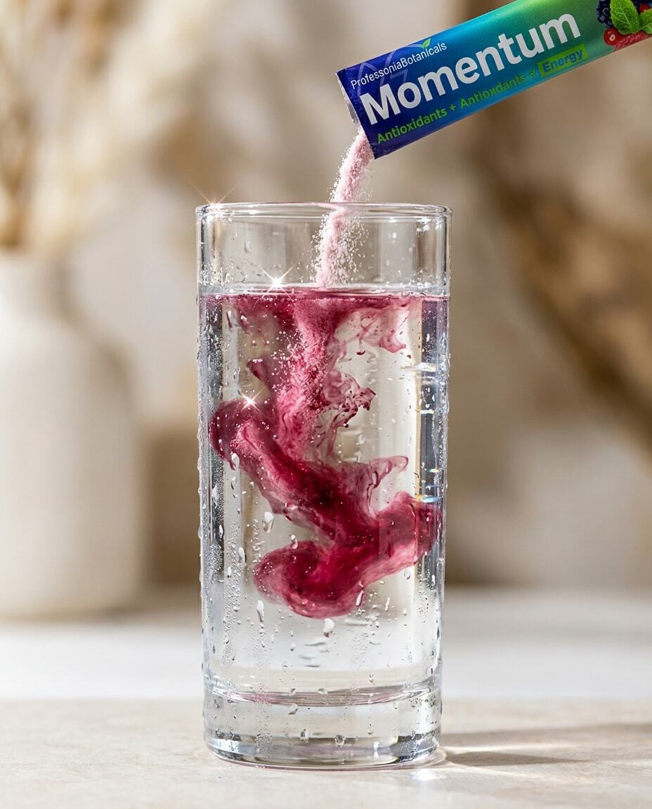 Momentum stick pack powder being poured into water